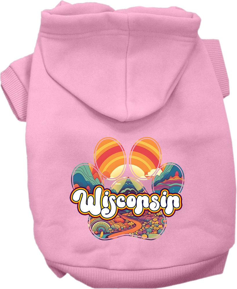 A cozy screen printed hoodie for medium to large pets, featuring the 'Wisconsin Groovy Summit' design, perfect for stylish outdoor adventures.