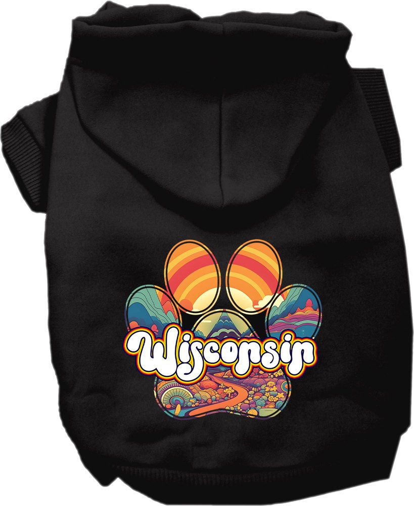 A cozy screen printed hoodie for medium to large pets, featuring the 'Wisconsin Groovy Summit' design, perfect for stylish outdoor adventures.