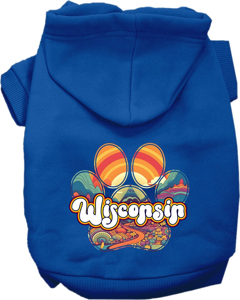 A cozy screen printed hoodie for medium to large pets, featuring the 'Wisconsin Groovy Summit' design, perfect for stylish outdoor adventures.
