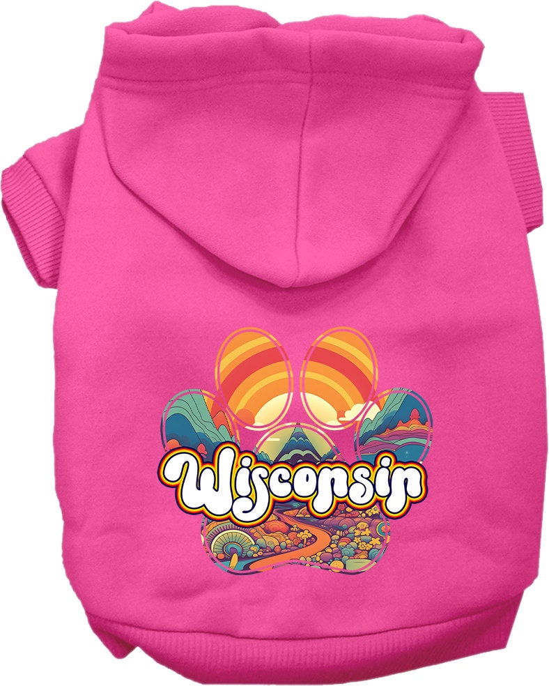 A cozy screen printed hoodie for medium to large pets, featuring the 'Wisconsin Groovy Summit' design, perfect for stylish outdoor adventures.