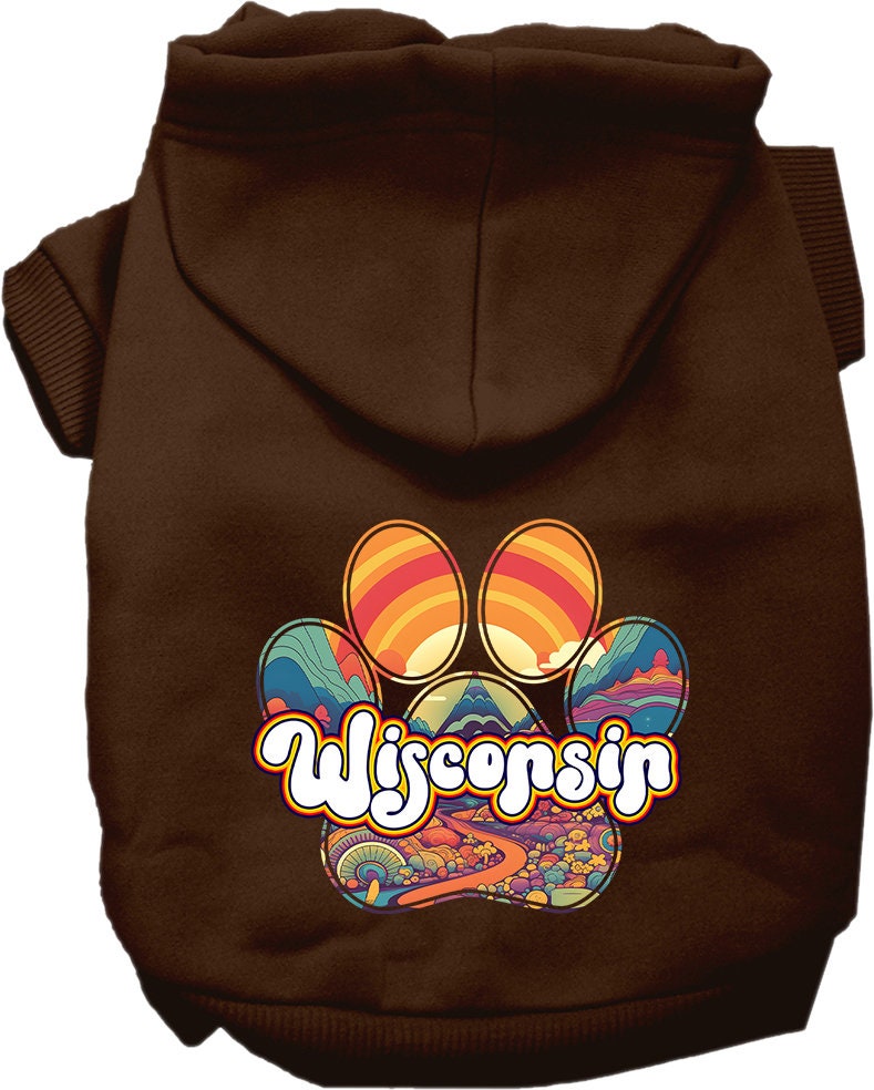 A cozy screen printed hoodie for medium to large pets, featuring the 'Wisconsin Groovy Summit' design, perfect for stylish outdoor adventures.
