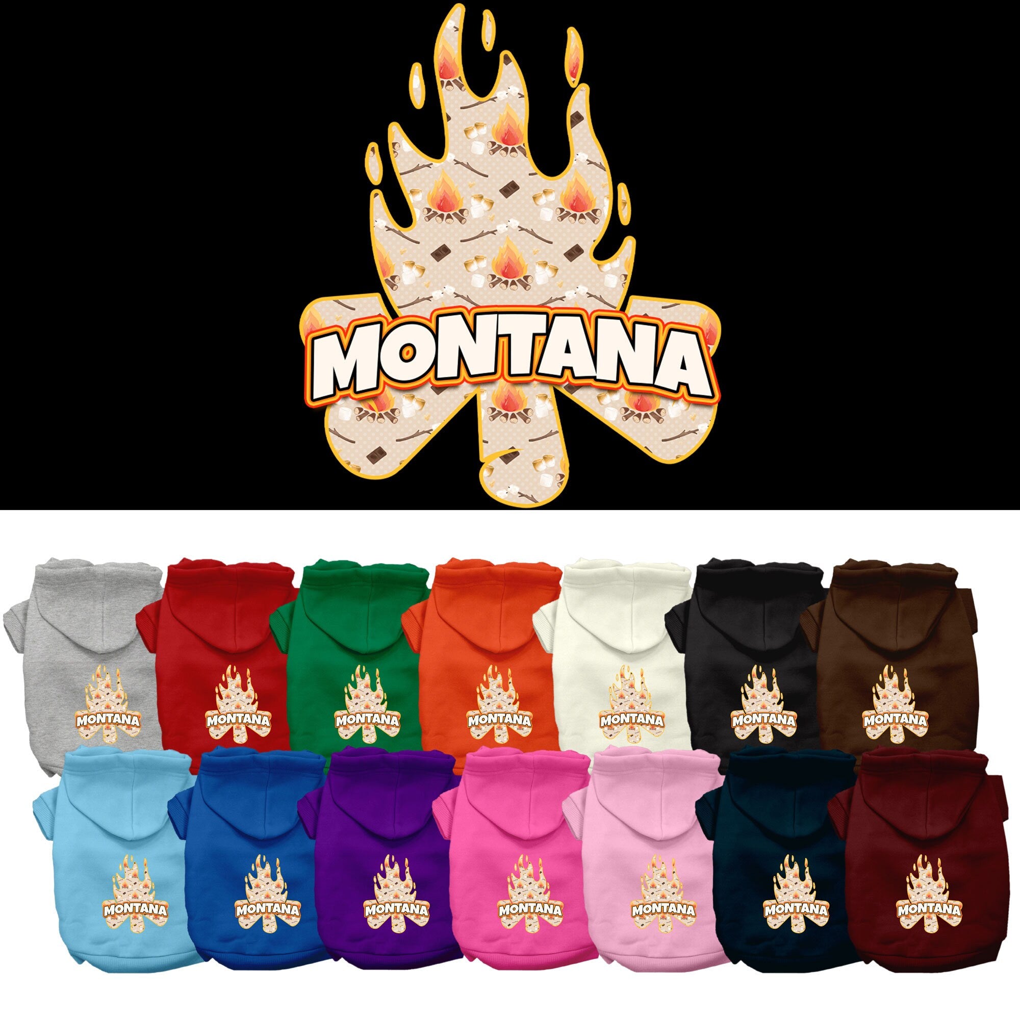 A cozy screen printed hoodie for medium to large pets featuring a Montana campfire design, perfect for stylish outings.
