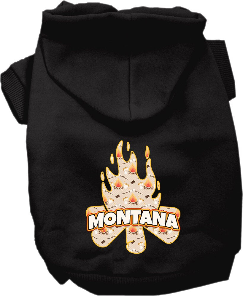 A cozy screen printed hoodie for medium to large pets featuring a Montana campfire design, perfect for stylish outings.