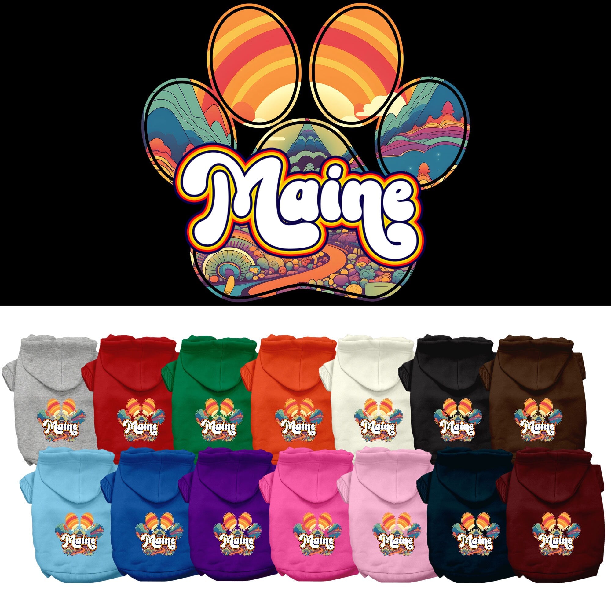 A cozy screen printed hoodie for medium to large pets, featuring a unique 'Maine Groovy Summit' design, perfect for chilly weather.