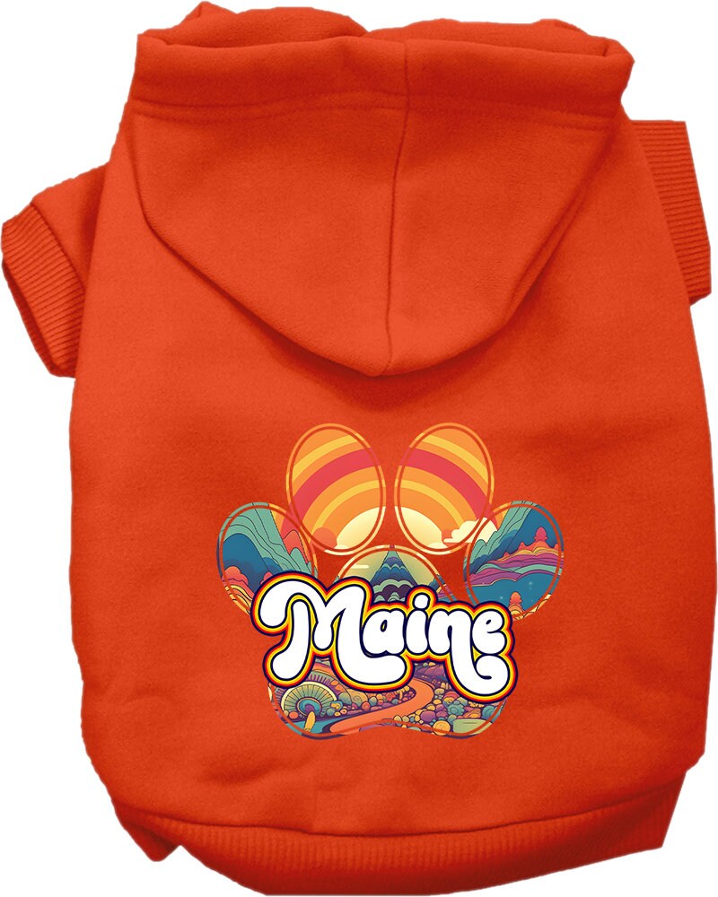A cozy screen printed hoodie for medium to large pets, featuring a unique 'Maine Groovy Summit' design, perfect for chilly weather.