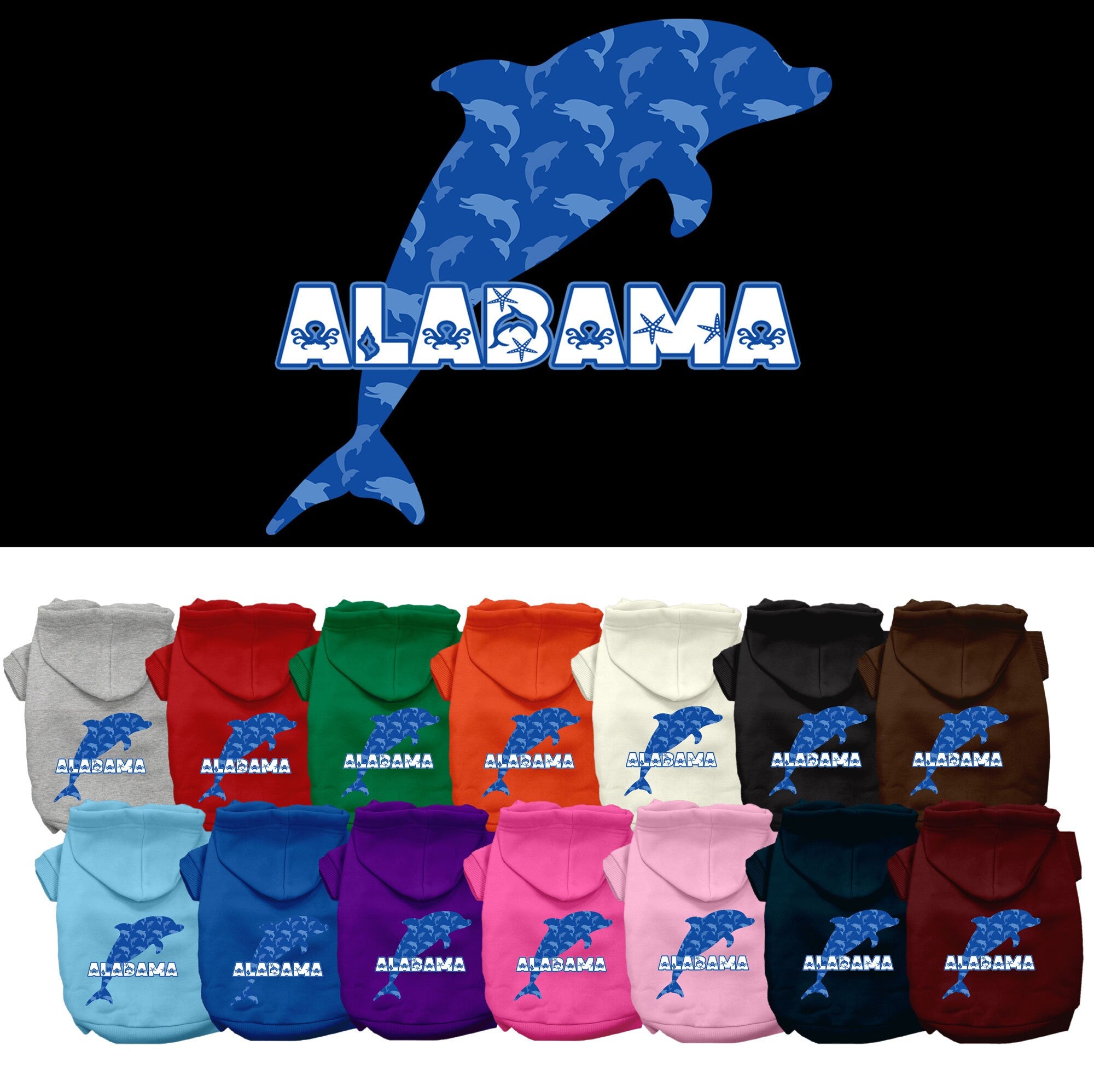 A cozy screen printed hoodie for medium to large pets featuring Alabama Blue Dolphins design, perfect for dogs and cats.
