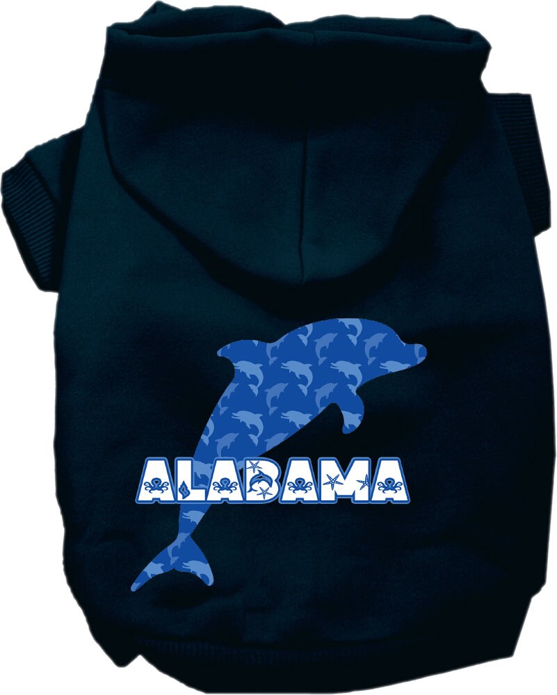 A cozy screen printed hoodie for medium to large pets featuring Alabama Blue Dolphins design, perfect for dogs and cats.