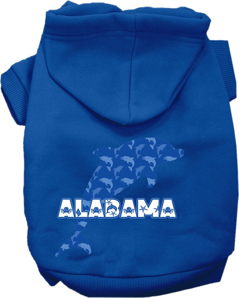 A cozy screen printed hoodie for medium to large pets featuring Alabama Blue Dolphins design, perfect for dogs and cats.