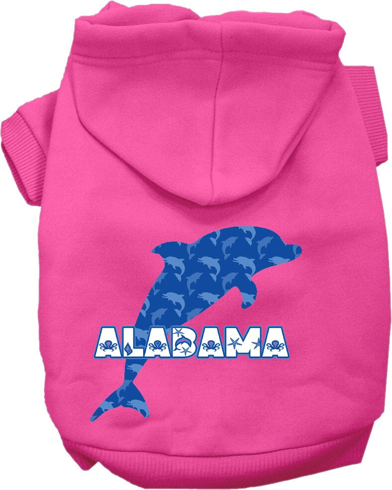 A cozy screen printed hoodie for medium to large pets featuring Alabama Blue Dolphins design, perfect for dogs and cats.
