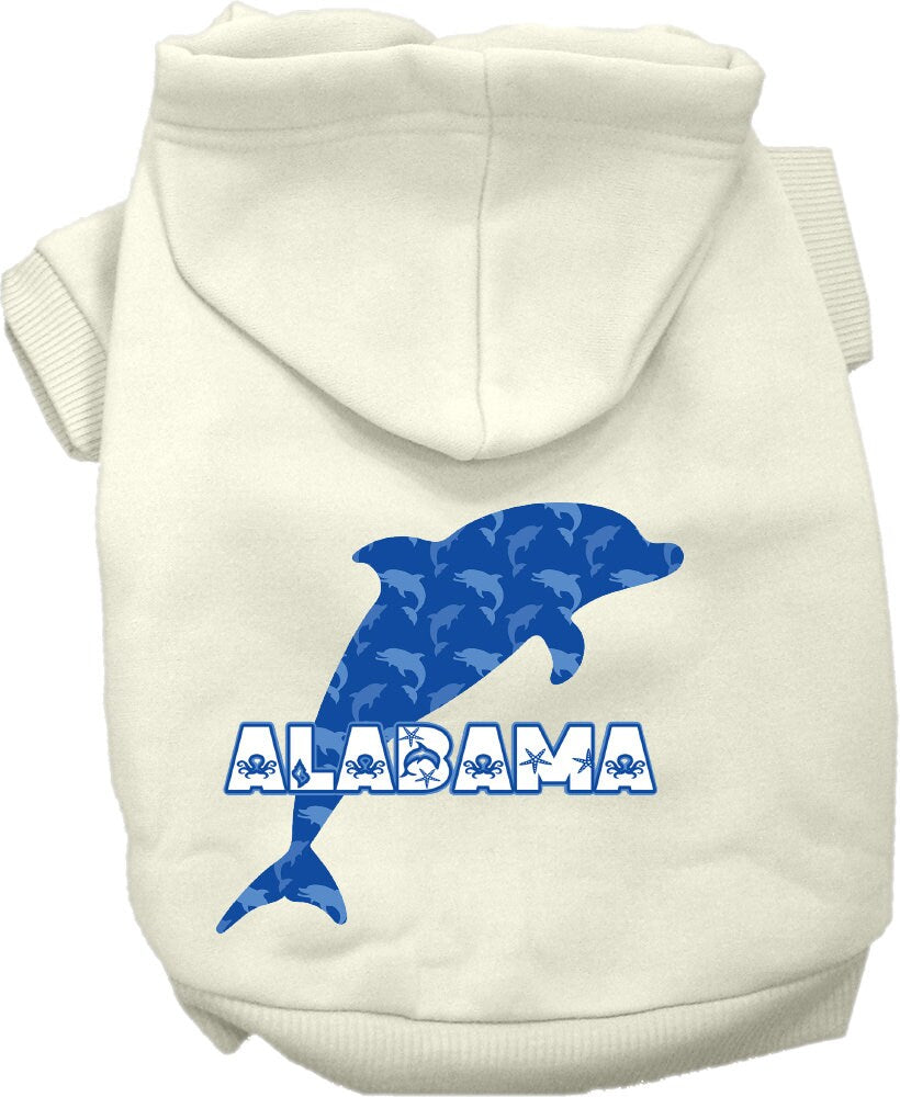 A cozy screen printed hoodie for medium to large pets featuring Alabama Blue Dolphins design, perfect for dogs and cats.