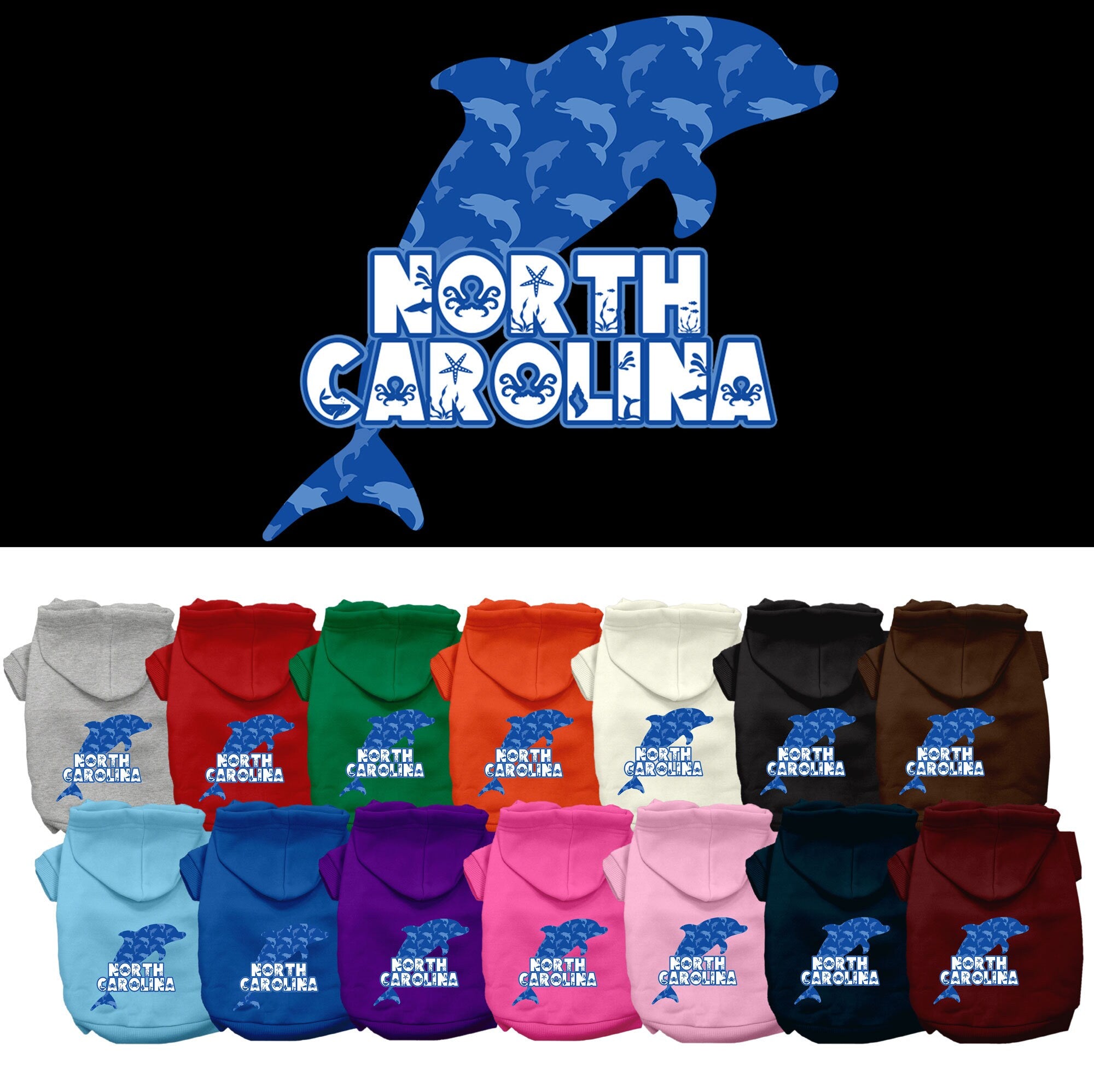 A cozy screen printed hoodie for medium to large pets featuring a 'North Carolina Blue Dolphins' design, perfect for chilly weather.