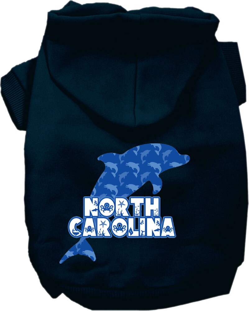 A cozy screen printed hoodie for medium to large pets featuring a 'North Carolina Blue Dolphins' design, perfect for chilly weather.