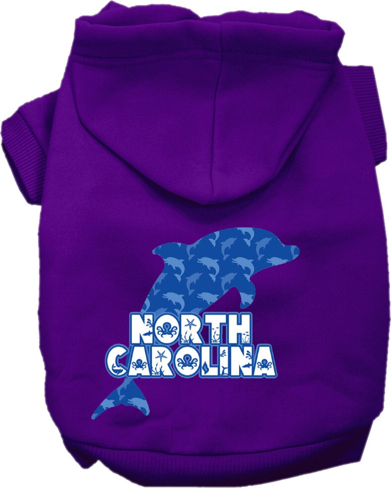 A cozy screen printed hoodie for medium to large pets featuring a 'North Carolina Blue Dolphins' design, perfect for chilly weather.