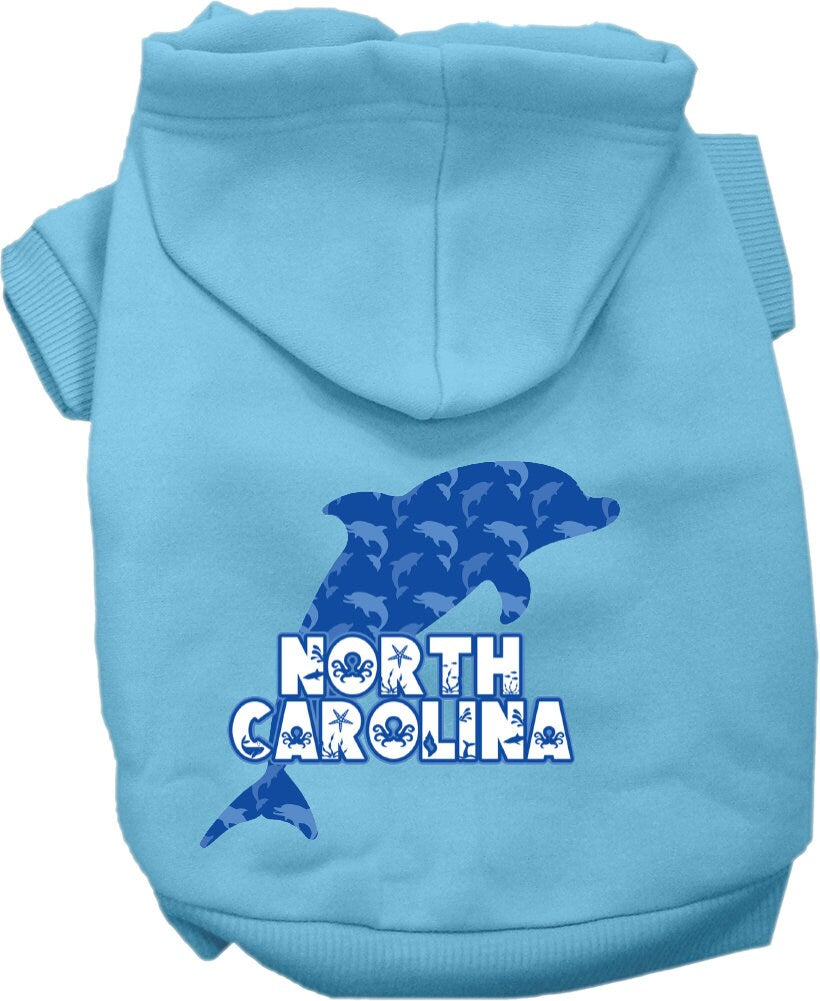 A cozy screen printed hoodie for medium to large pets featuring a 'North Carolina Blue Dolphins' design, perfect for chilly weather.