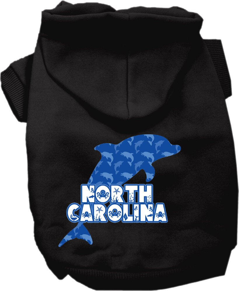 A cozy screen printed hoodie for medium to large pets featuring a 'North Carolina Blue Dolphins' design, perfect for chilly weather.