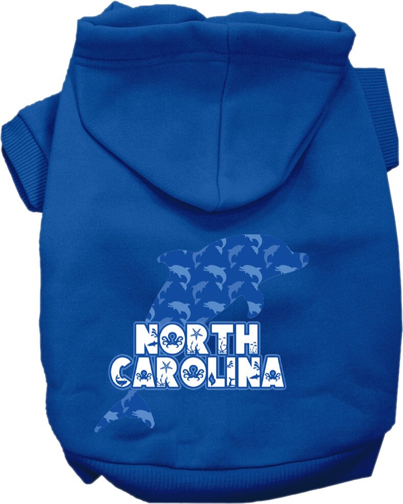A cozy screen printed hoodie for medium to large pets featuring a 'North Carolina Blue Dolphins' design, perfect for chilly weather.