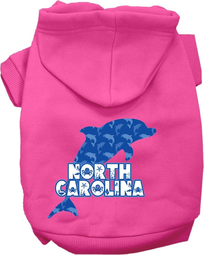 A cozy screen printed hoodie for medium to large pets featuring a 'North Carolina Blue Dolphins' design, perfect for chilly weather.