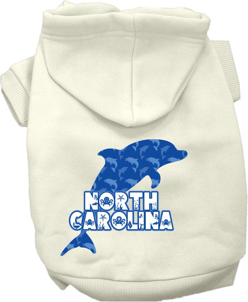 A cozy screen printed hoodie for medium to large pets featuring a 'North Carolina Blue Dolphins' design, perfect for chilly weather.