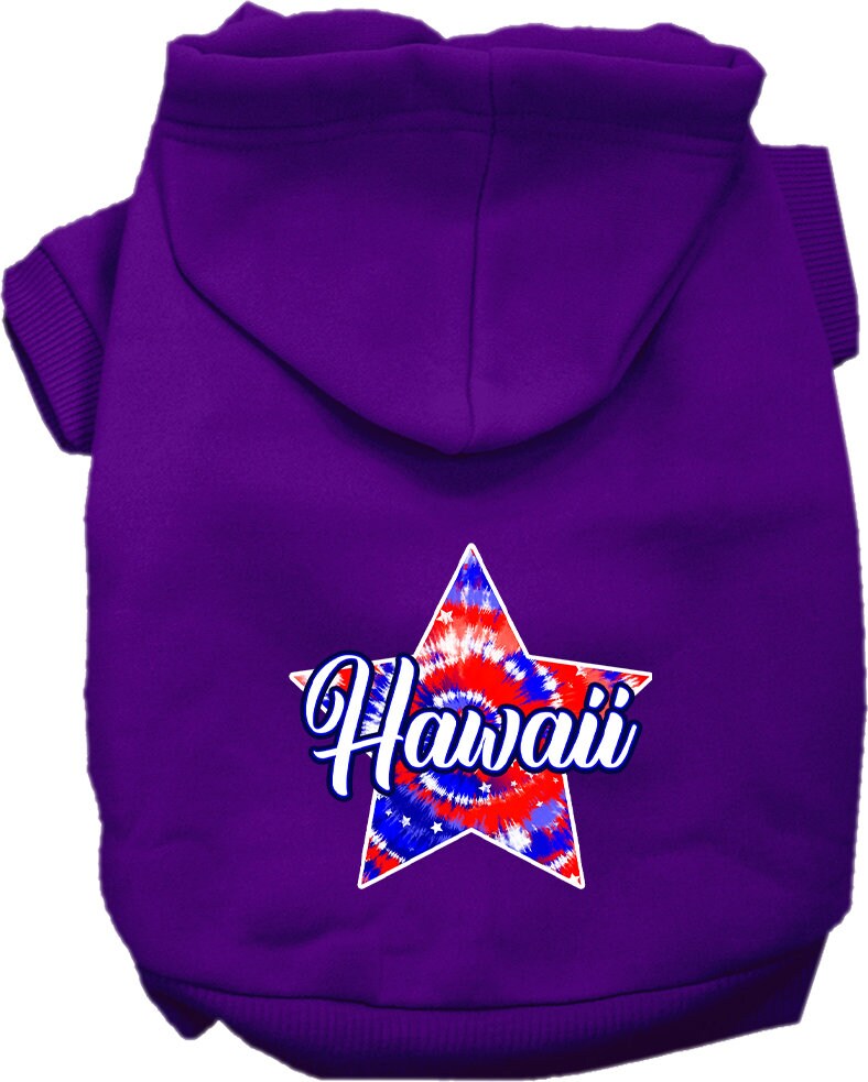 A medium to large pet wearing a colorful Hawaiian tie-dye hoodie, showcasing its soft fabric and convenient leash access hole.