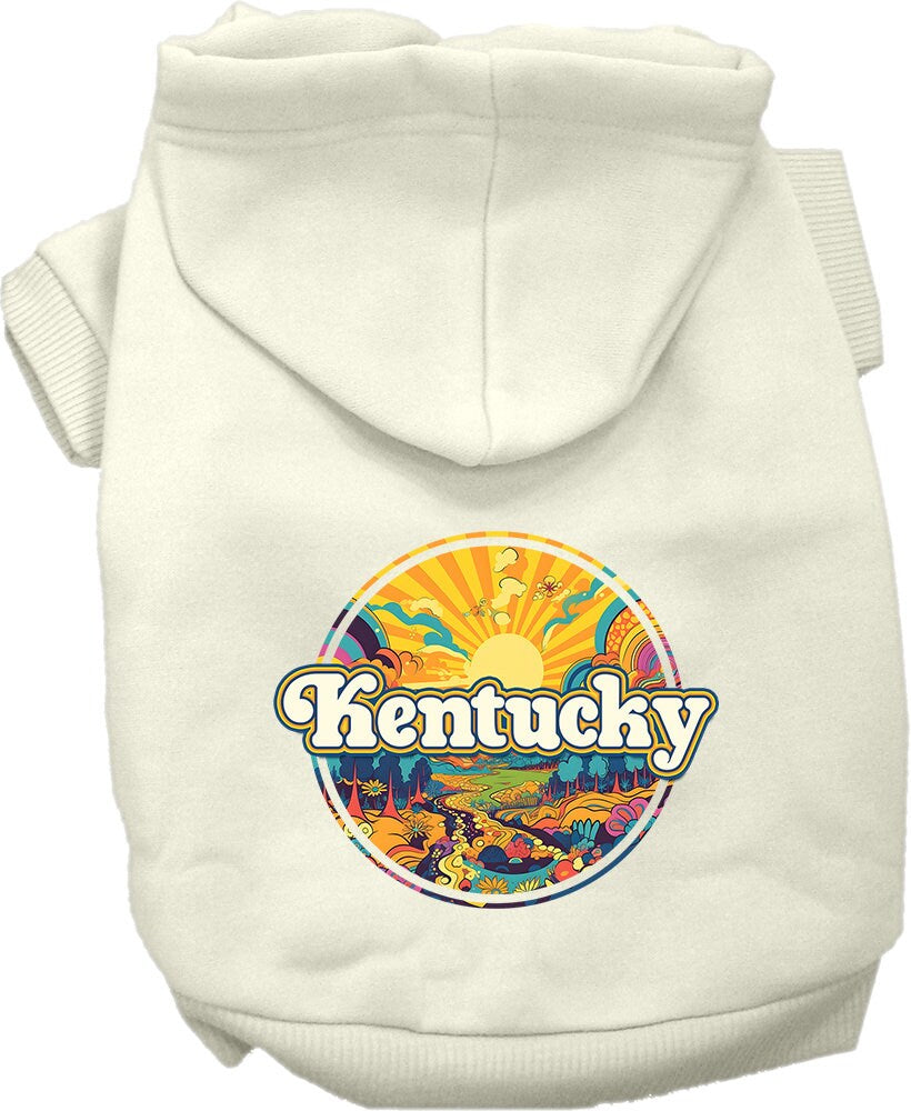 A cozy screen printed hoodie for medium to large pets, featuring the Kentucky Groovy Summit design, showcasing its soft fabric and durable stitching.