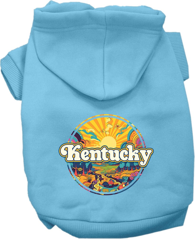 A cozy screen printed hoodie for medium to large pets, featuring the Kentucky Groovy Summit design, showcasing its soft fabric and durable stitching.