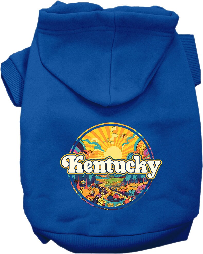 A cozy screen printed hoodie for medium to large pets, featuring the Kentucky Groovy Summit design, showcasing its soft fabric and durable stitching.
