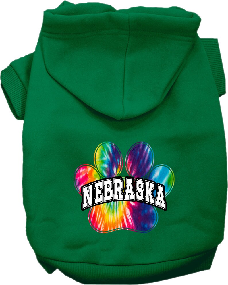 A vibrant Nebraska Bright Tie Dye hoodie designed for medium to large dogs and cats, showcasing its soft fabric and convenient leash access hole.