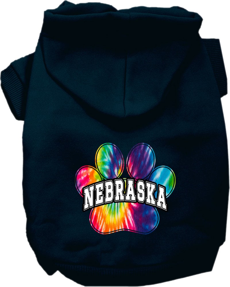 A vibrant Nebraska Bright Tie Dye hoodie designed for medium to large dogs and cats, showcasing its soft fabric and convenient leash access hole.