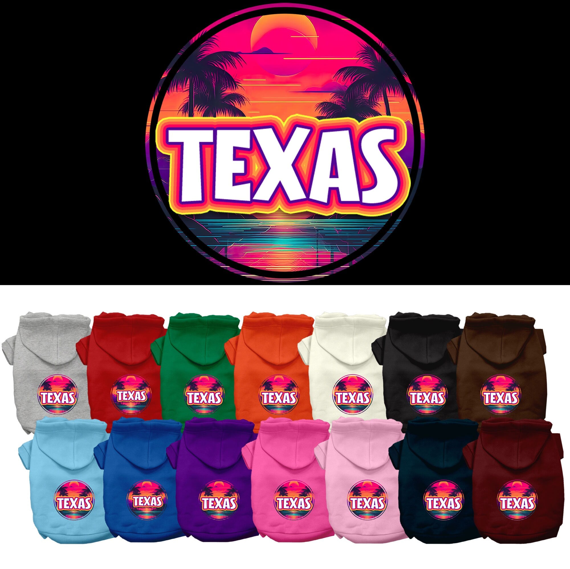 A medium to large pet wearing a soft, stylish hoodie featuring a vibrant Texas Neon Beach Sunset design, perfect for walks.