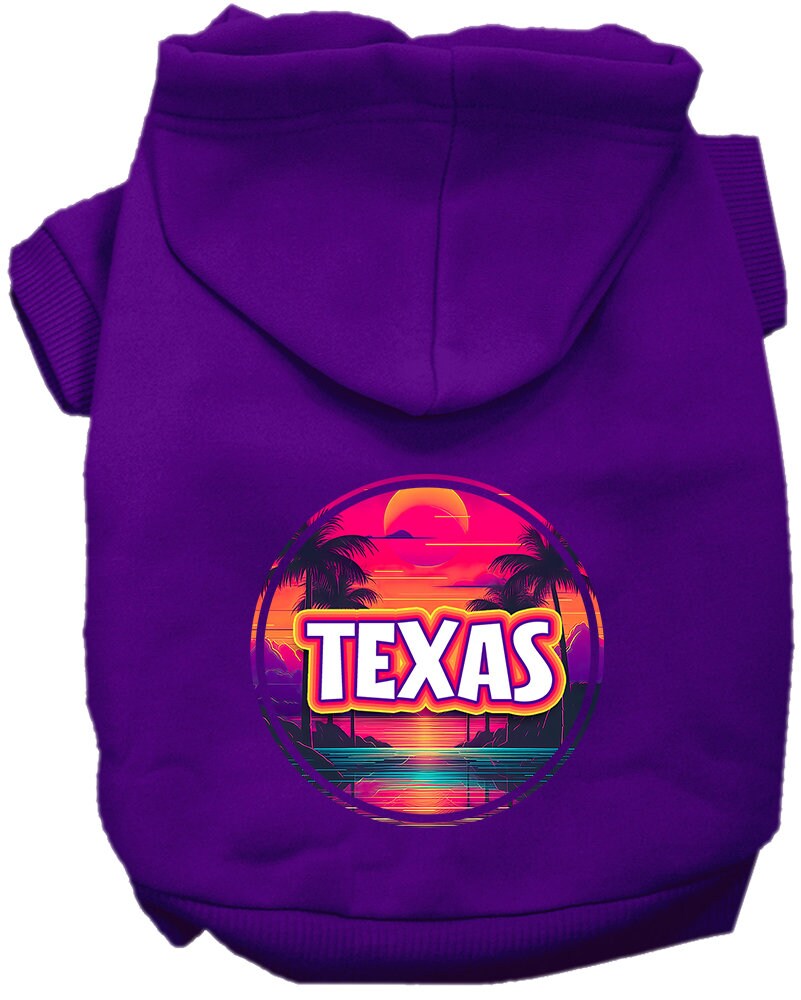 A medium to large pet wearing a soft, stylish hoodie featuring a vibrant Texas Neon Beach Sunset design, perfect for walks.