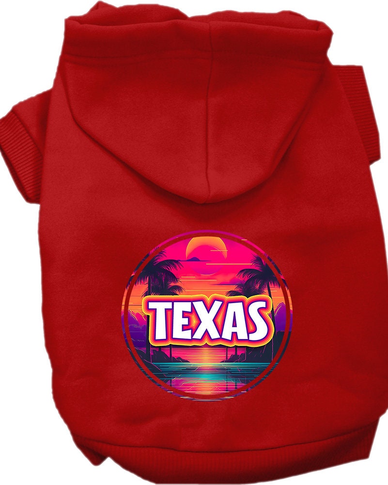 A medium to large pet wearing a soft, stylish hoodie featuring a vibrant Texas Neon Beach Sunset design, perfect for walks.