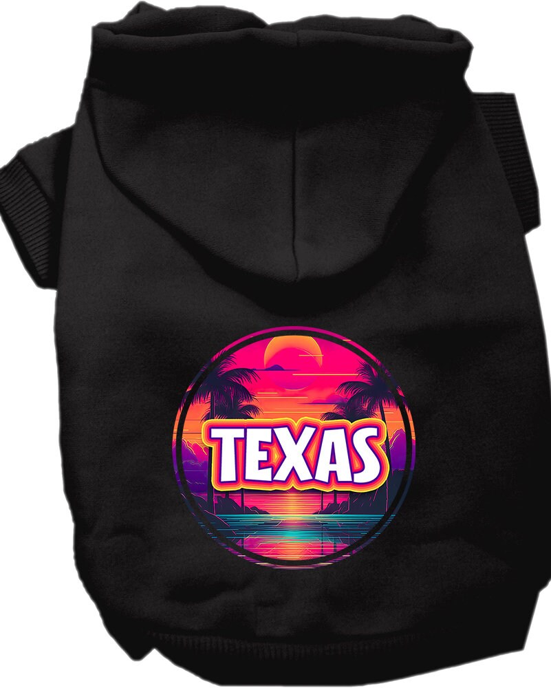 A medium to large pet wearing a soft, stylish hoodie featuring a vibrant Texas Neon Beach Sunset design, perfect for walks.