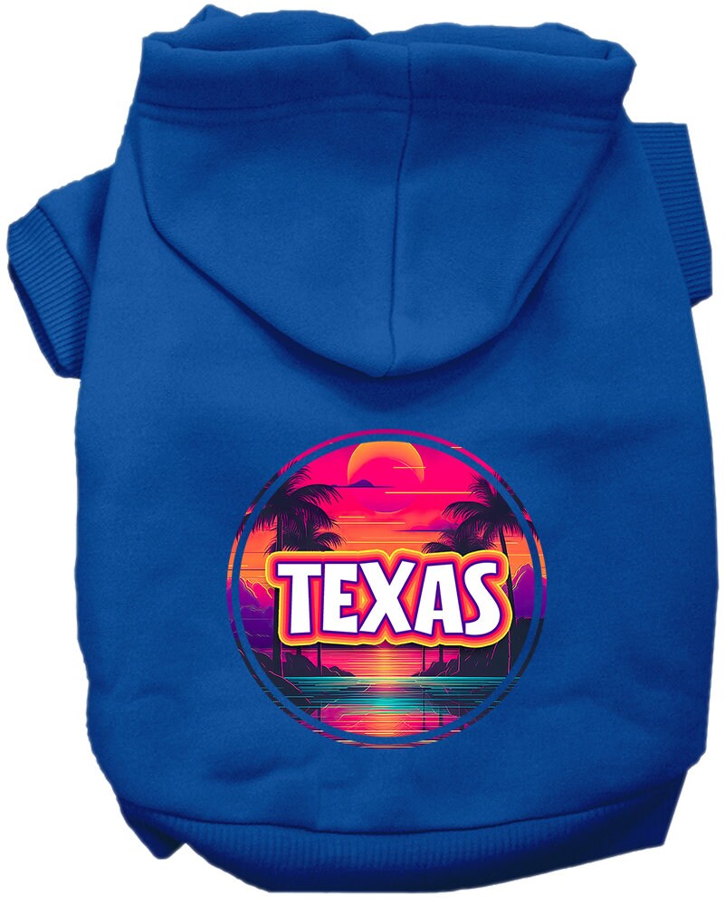 A medium to large pet wearing a soft, stylish hoodie featuring a vibrant Texas Neon Beach Sunset design, perfect for walks.