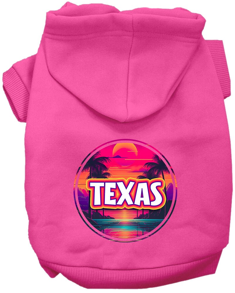 A medium to large pet wearing a soft, stylish hoodie featuring a vibrant Texas Neon Beach Sunset design, perfect for walks.