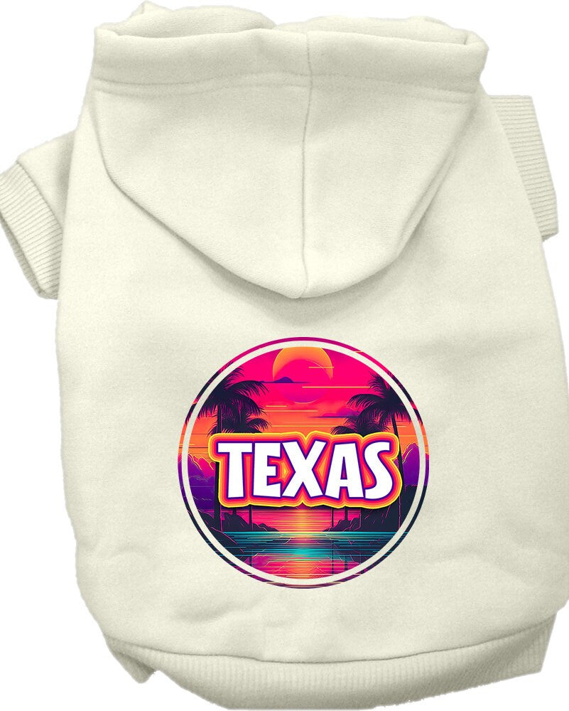 A medium to large pet wearing a soft, stylish hoodie featuring a vibrant Texas Neon Beach Sunset design, perfect for walks.