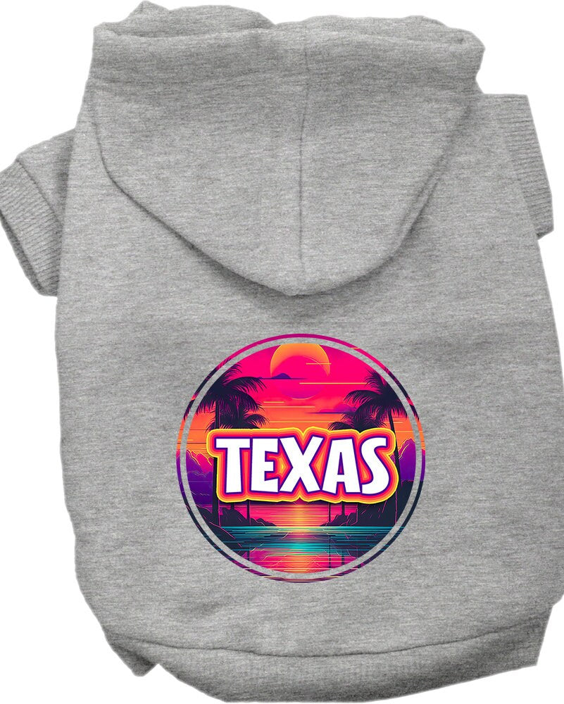 A medium to large pet wearing a soft, stylish hoodie featuring a vibrant Texas Neon Beach Sunset design, perfect for walks.