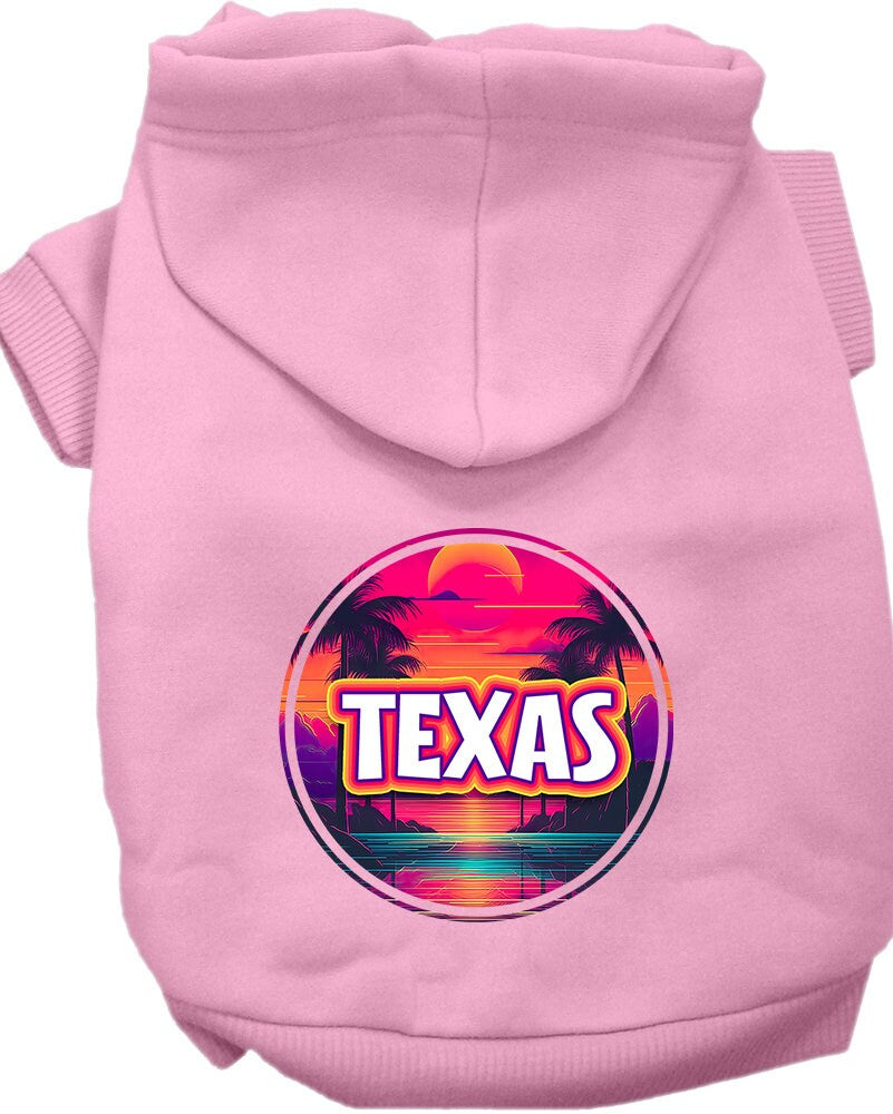 A medium to large pet wearing a soft, stylish hoodie featuring a vibrant Texas Neon Beach Sunset design, perfect for walks.