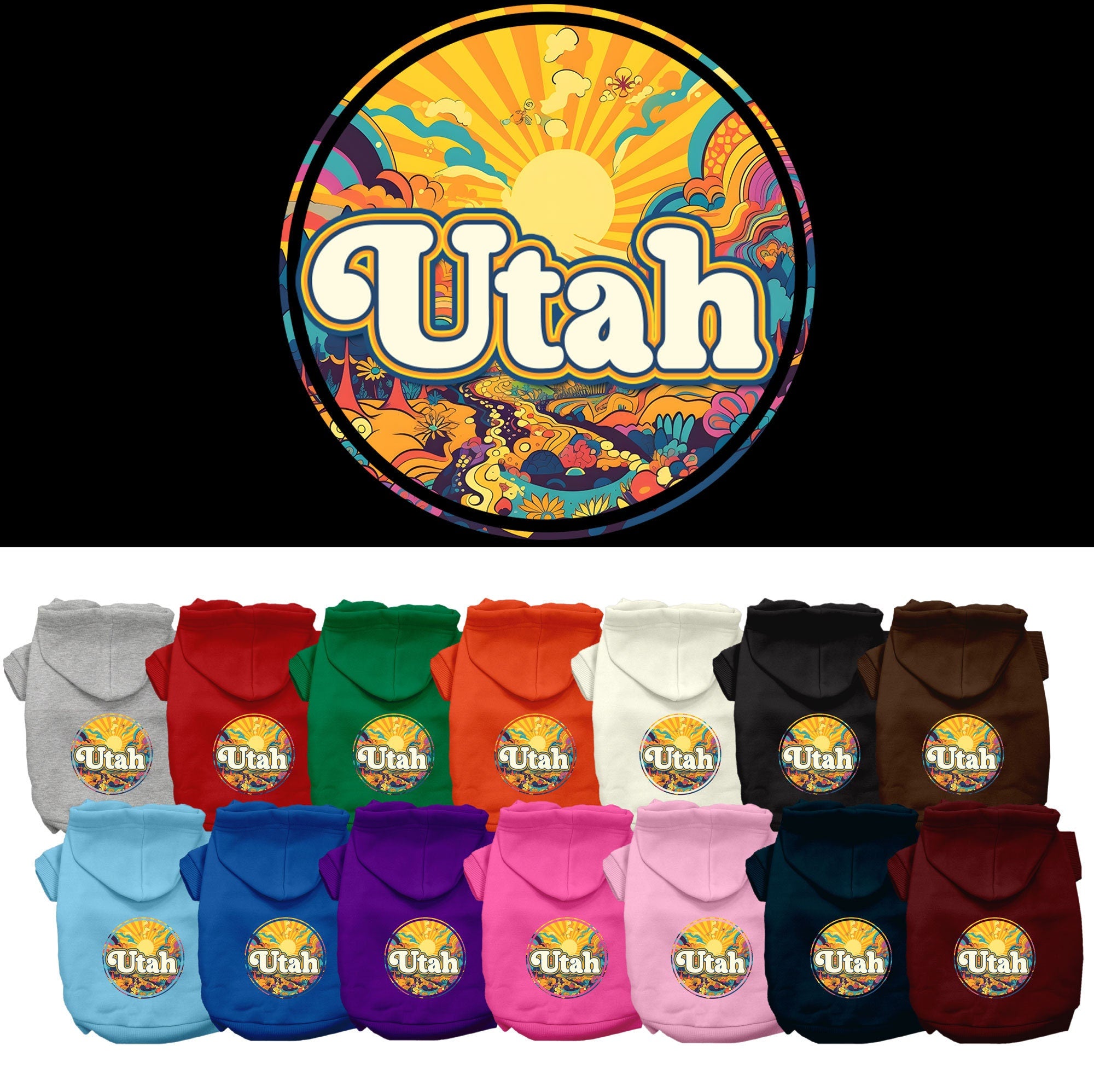 A medium to large pet wearing a soft, warm hoodie with a 'Utah Trippy Peaks' design, showcasing its double-stitched durability and leash access hole.