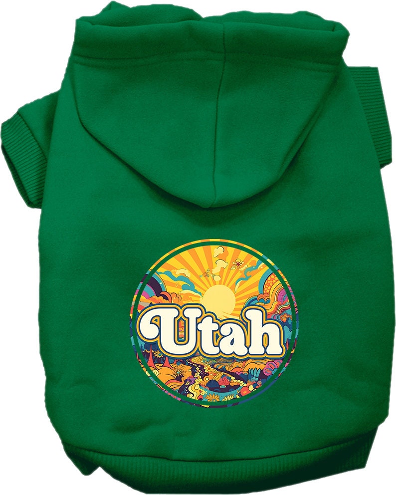 A medium to large pet wearing a soft, warm hoodie with a 'Utah Trippy Peaks' design, showcasing its double-stitched durability and leash access hole.