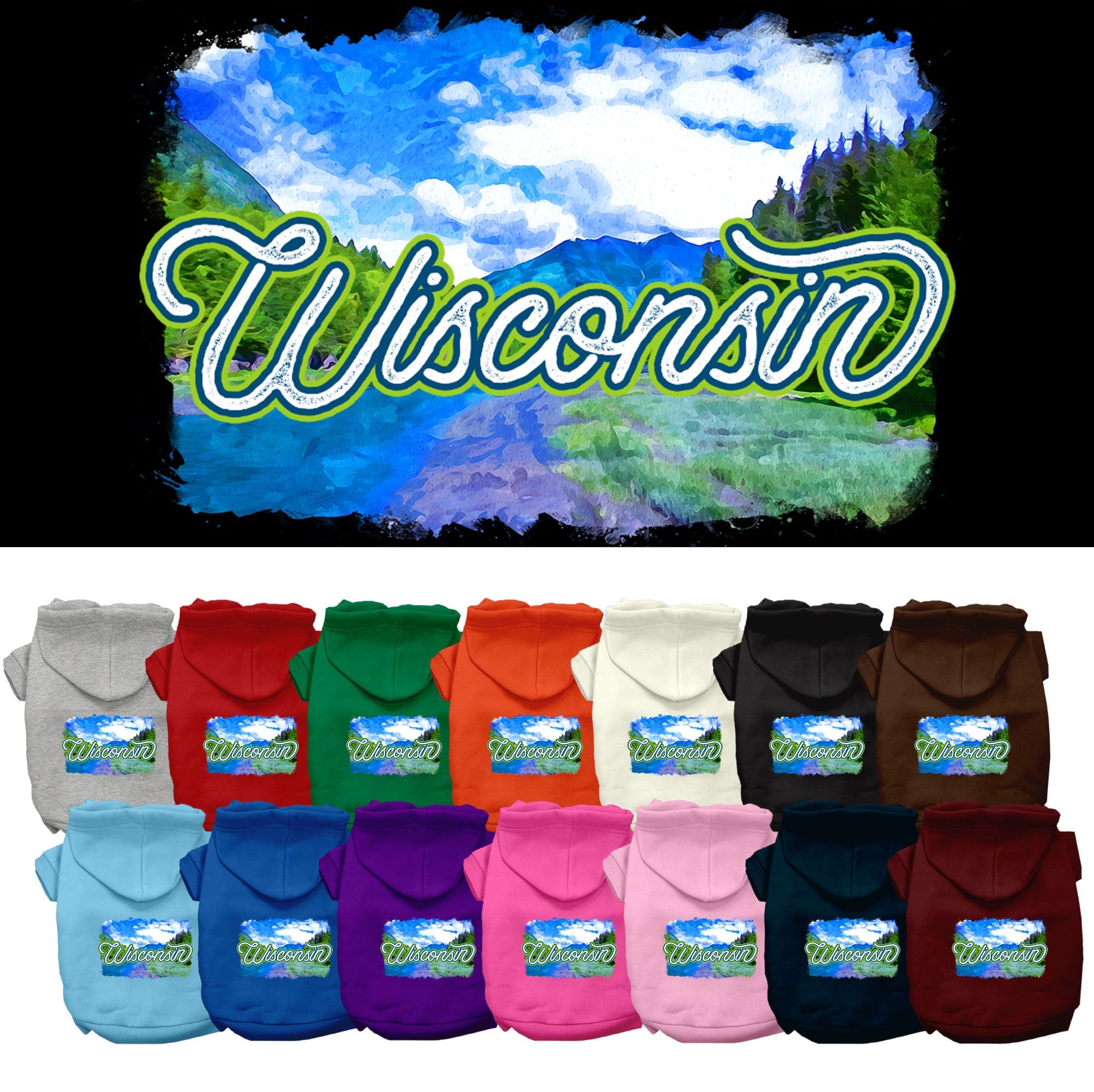 A cozy screen printed hoodie for medium to large pets, featuring a Wisconsin Summer design, perfect for dogs and cats.