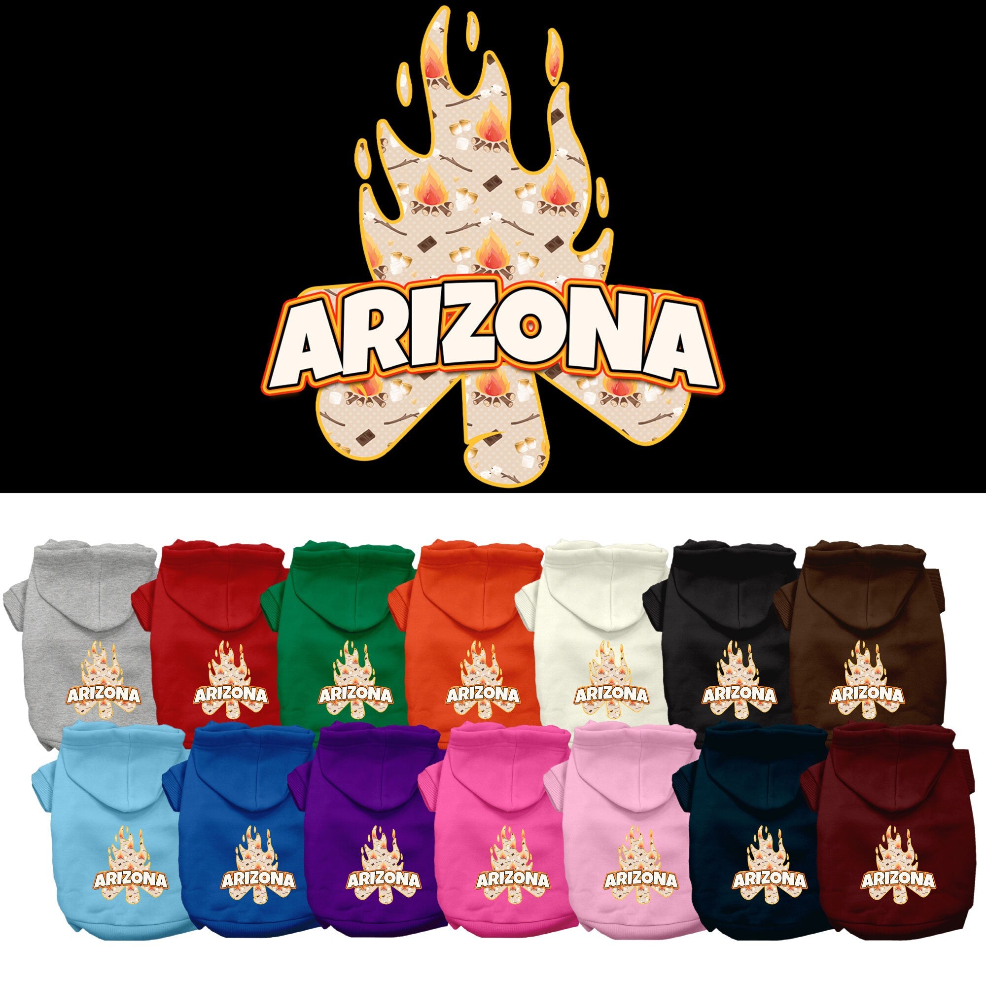 A cozy screen printed hoodie for medium to large pets featuring a unique 'Arizona Around The Campfire' design, perfect for stylish outings.