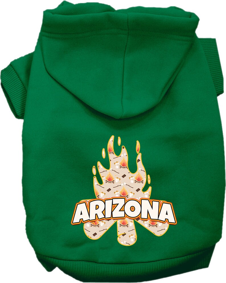A cozy screen printed hoodie for medium to large pets featuring a unique 'Arizona Around The Campfire' design, perfect for stylish outings.