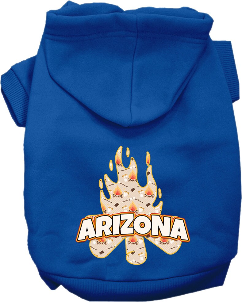 A cozy screen printed hoodie for medium to large pets featuring a unique 'Arizona Around The Campfire' design, perfect for stylish outings.
