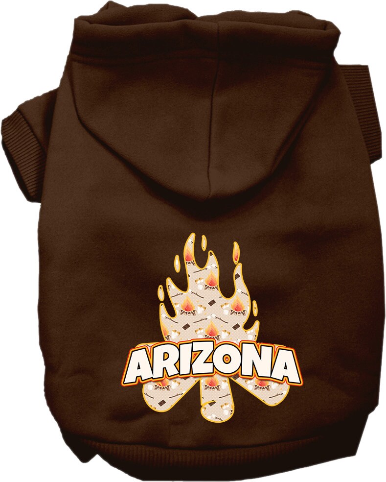 A cozy screen printed hoodie for medium to large pets featuring a unique 'Arizona Around The Campfire' design, perfect for stylish outings.