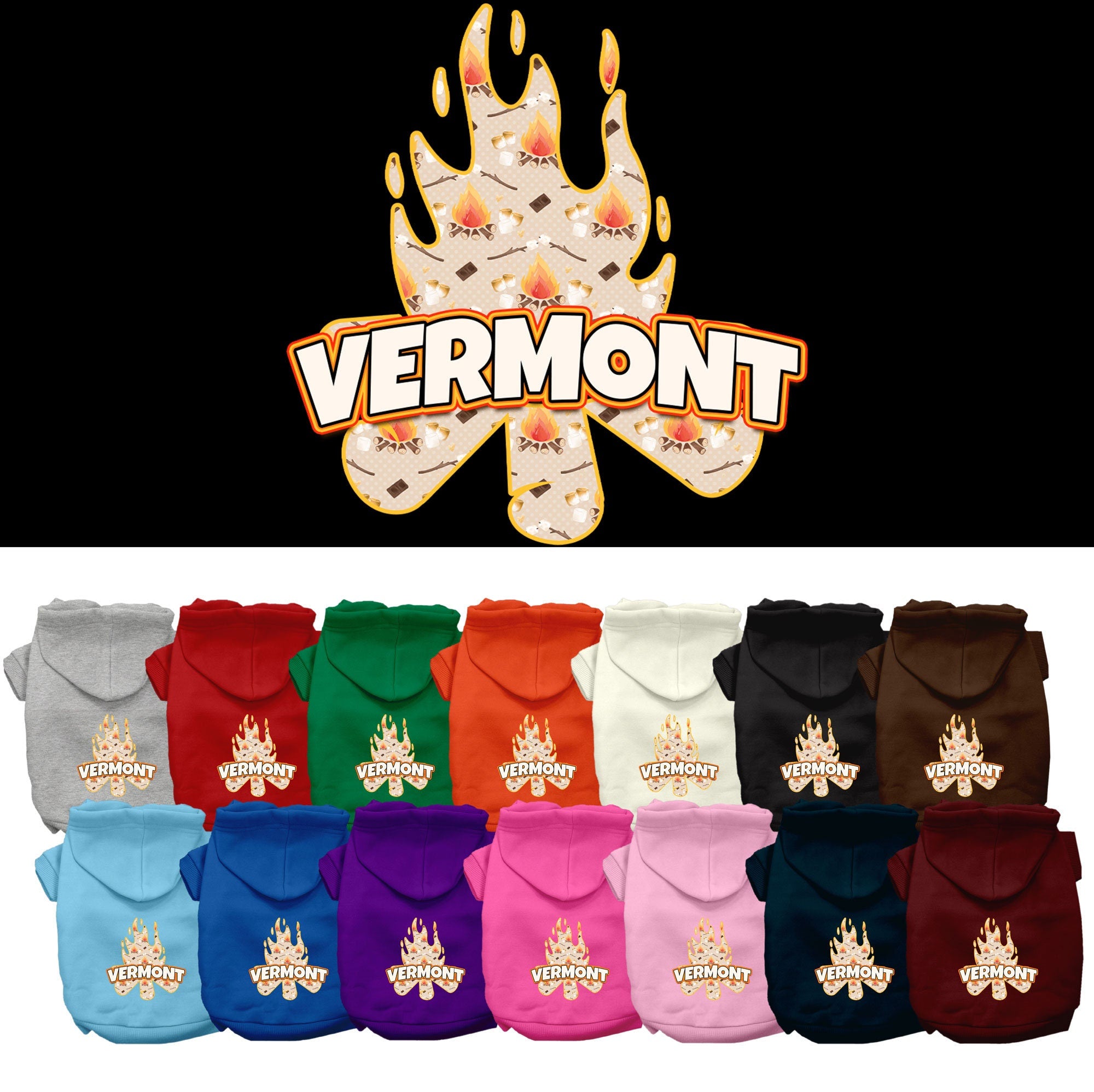 A cozy screen printed hoodie for medium to large pets, featuring a Vermont campfire design, perfect for chilly weather.
