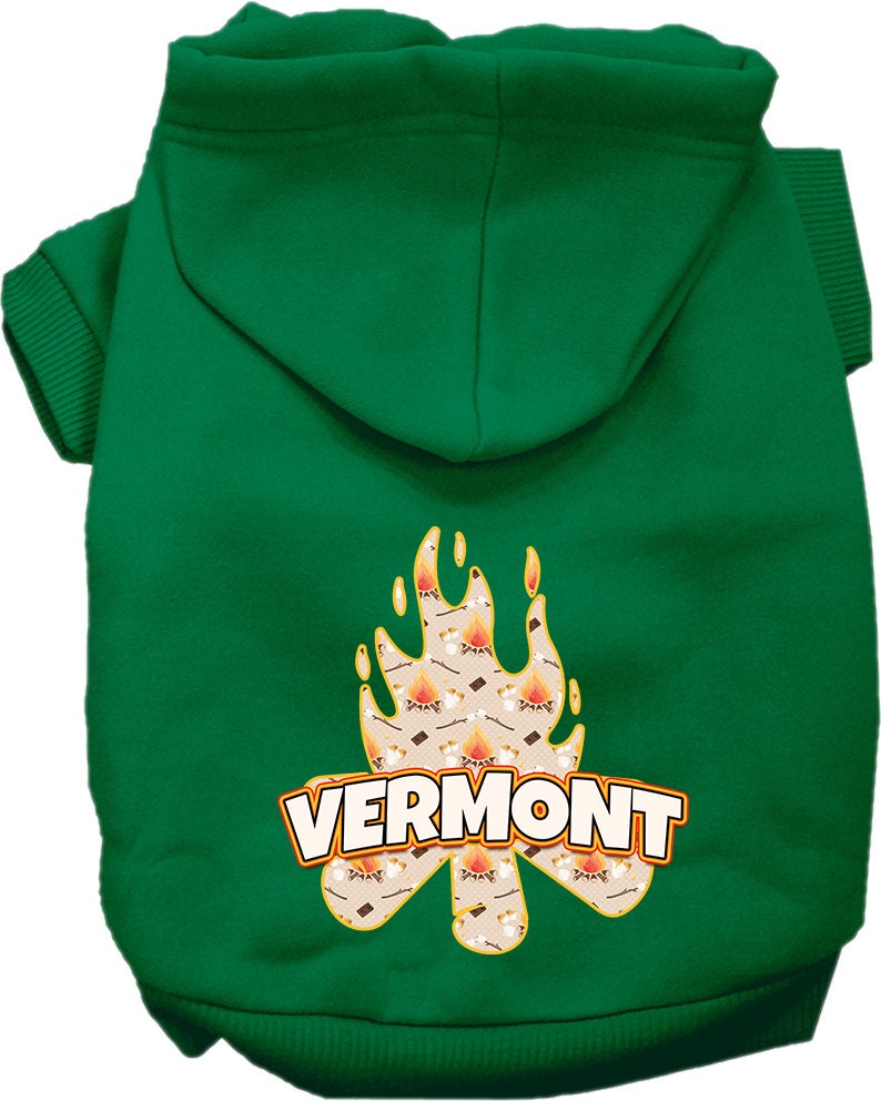 A cozy screen printed hoodie for medium to large pets, featuring a Vermont campfire design, perfect for chilly weather.