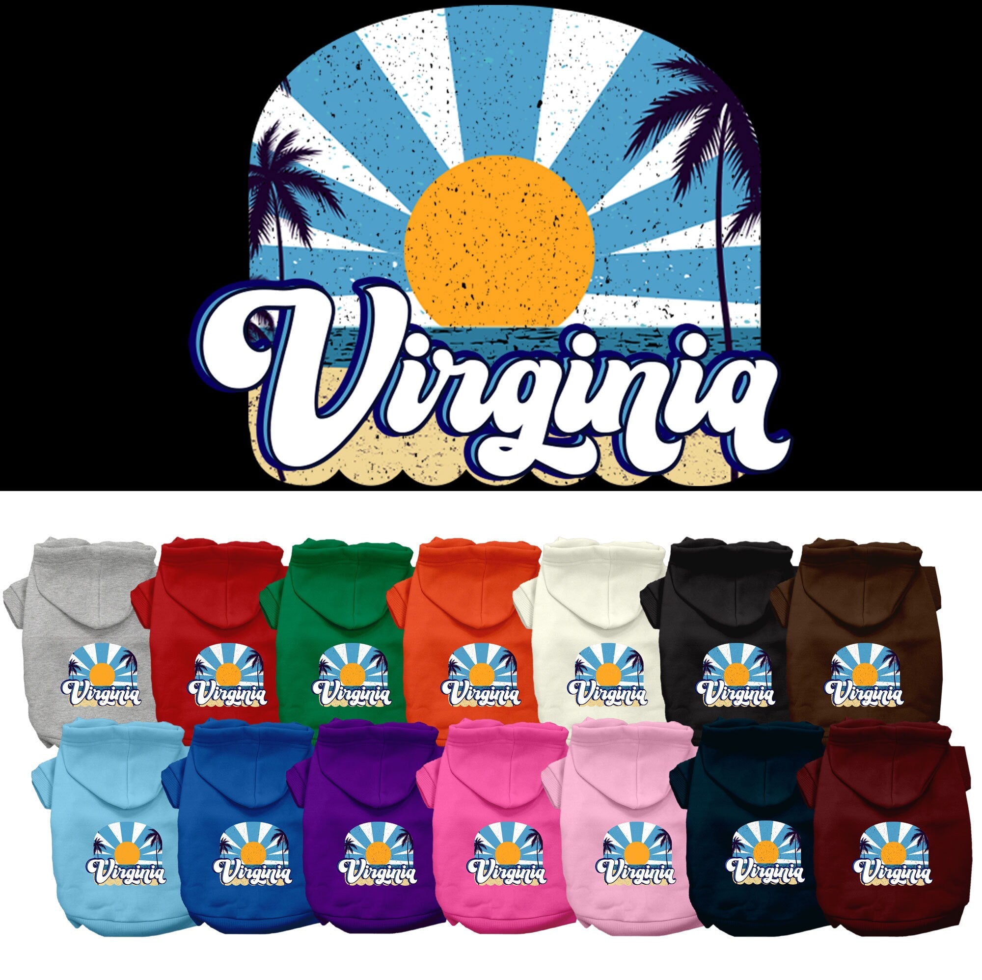 A medium to large pet wearing a stylish screen printed hoodie with a 'Virginia Coast' design, showcasing comfort and durability.