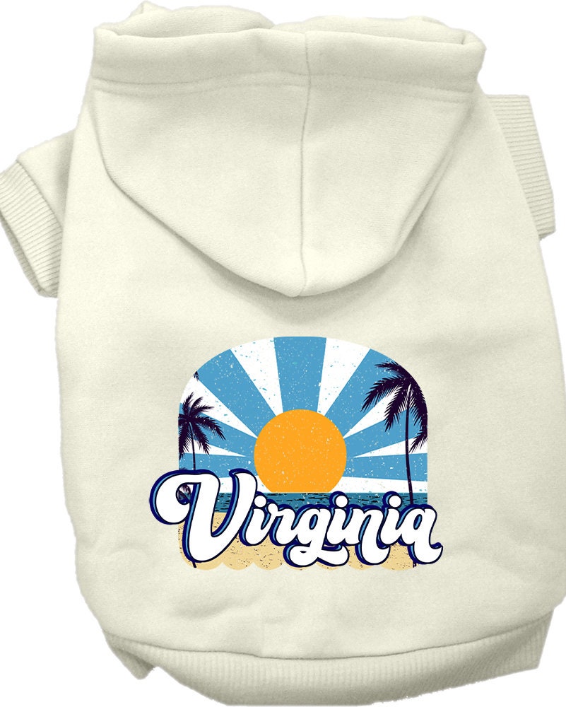 A medium to large pet wearing a stylish screen printed hoodie with a 'Virginia Coast' design, showcasing comfort and durability.