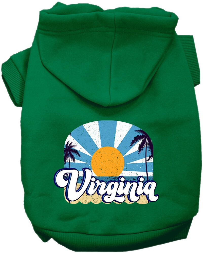 A medium to large pet wearing a stylish screen printed hoodie with a 'Virginia Coast' design, showcasing comfort and durability.