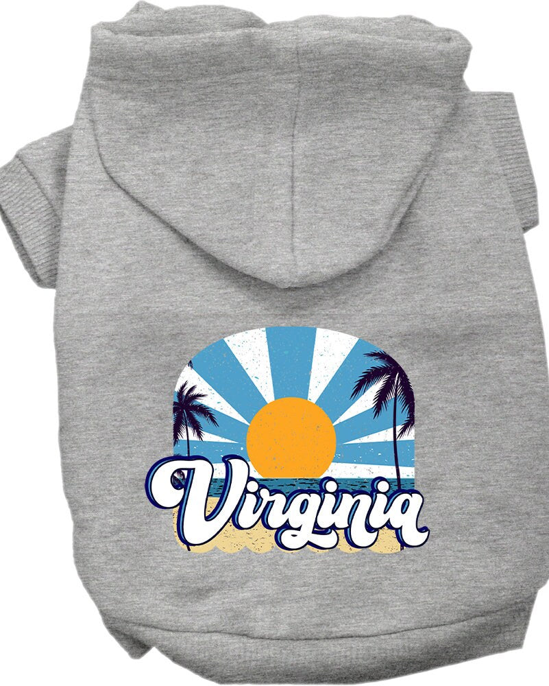 A medium to large pet wearing a stylish screen printed hoodie with a 'Virginia Coast' design, showcasing comfort and durability.